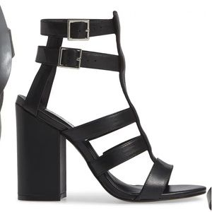 Steve Madden Francine Black Block Heeled Nubuck Leather Strappy Sandals Size 7.5